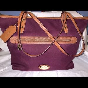 COACH Sawyer Canvas Tote Plum w/ Leather Trim
